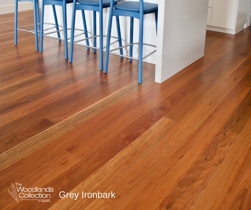 Grey Ironbark hardwood flooring in a modern kitchen, Woodlands Collection close‑up of natural grain