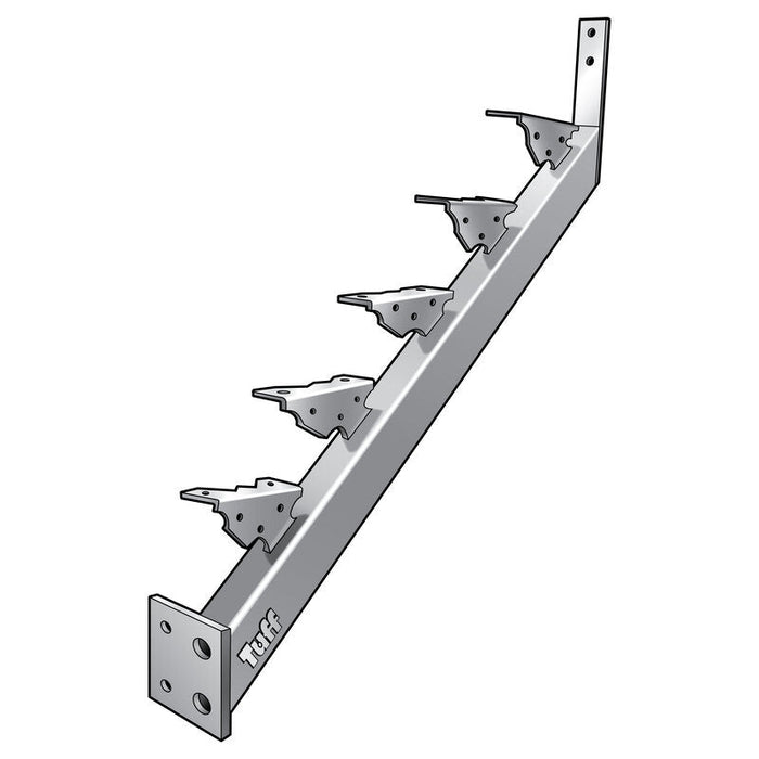 A hot-dip galvanised steel stair stringer with five step positions, designed for a pair of stairs with a clear span to 17 steps.